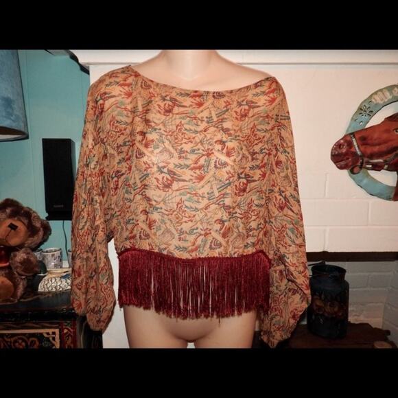 WINTER KATE FRINGED KIMONO SLEEVE TOP MADE OF VINTAGE SILK M - Picture 1 of 5